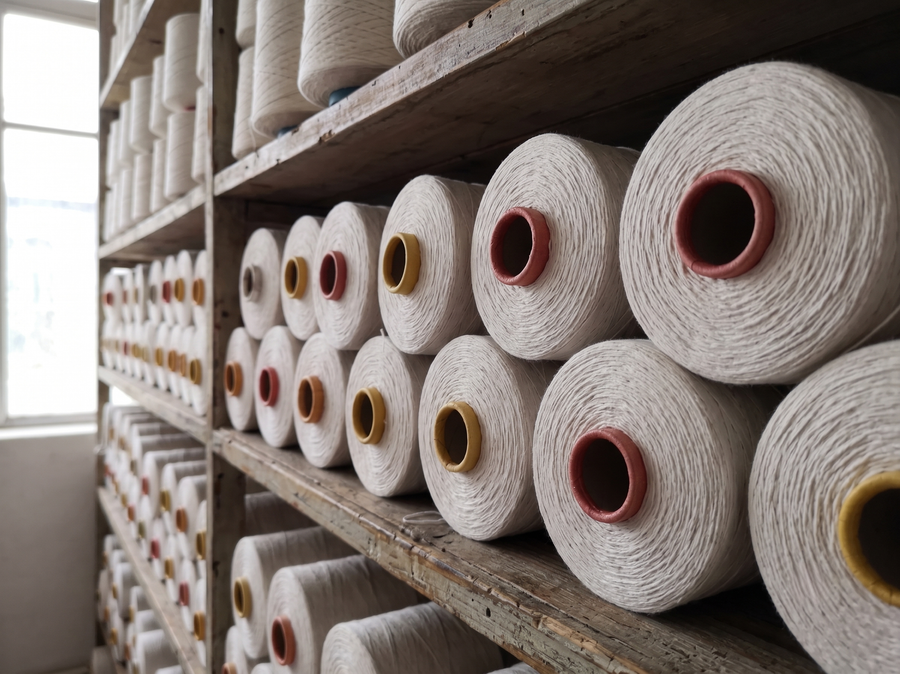 Wooden shelves stacked with cones of natural organic cotton yarn