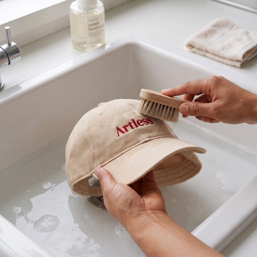 Hands hand washing a sand Artless organic cotton cap in a sink with a soft brush