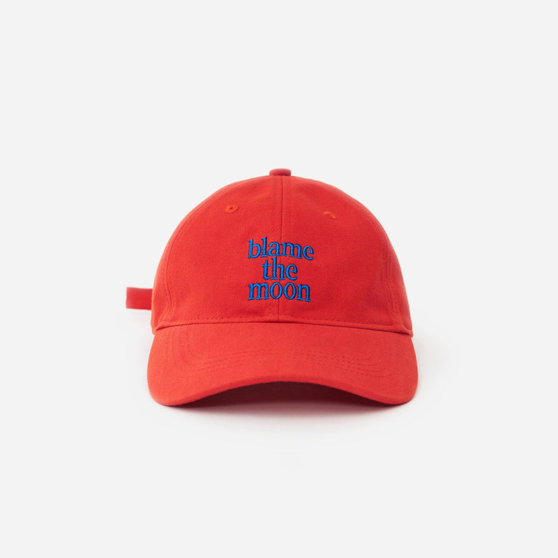 Red Artless Blame the Moon organic dad cap, front view