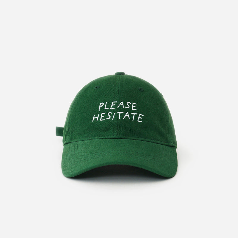 Green Artless Please Hesitate organic dad cap, front view