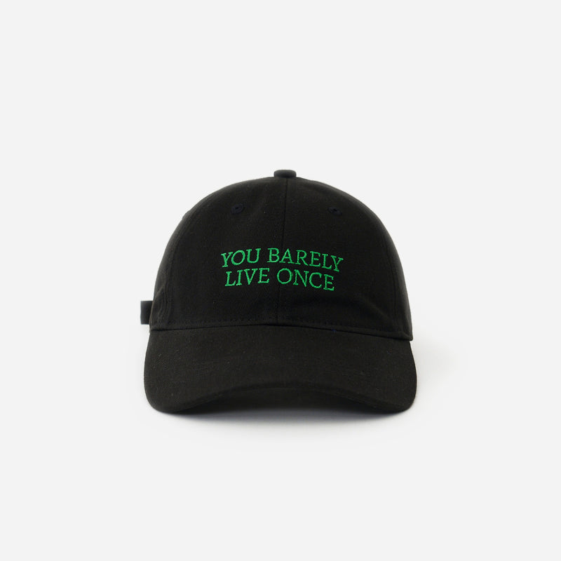 Black Artless You Barely Live Once organic dad cap, front view