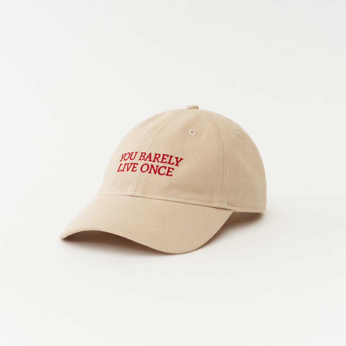 Sand Artless You Barely Live Once organic dad cap with red embroidery, unstructured 6-panel GOTS organic cotton