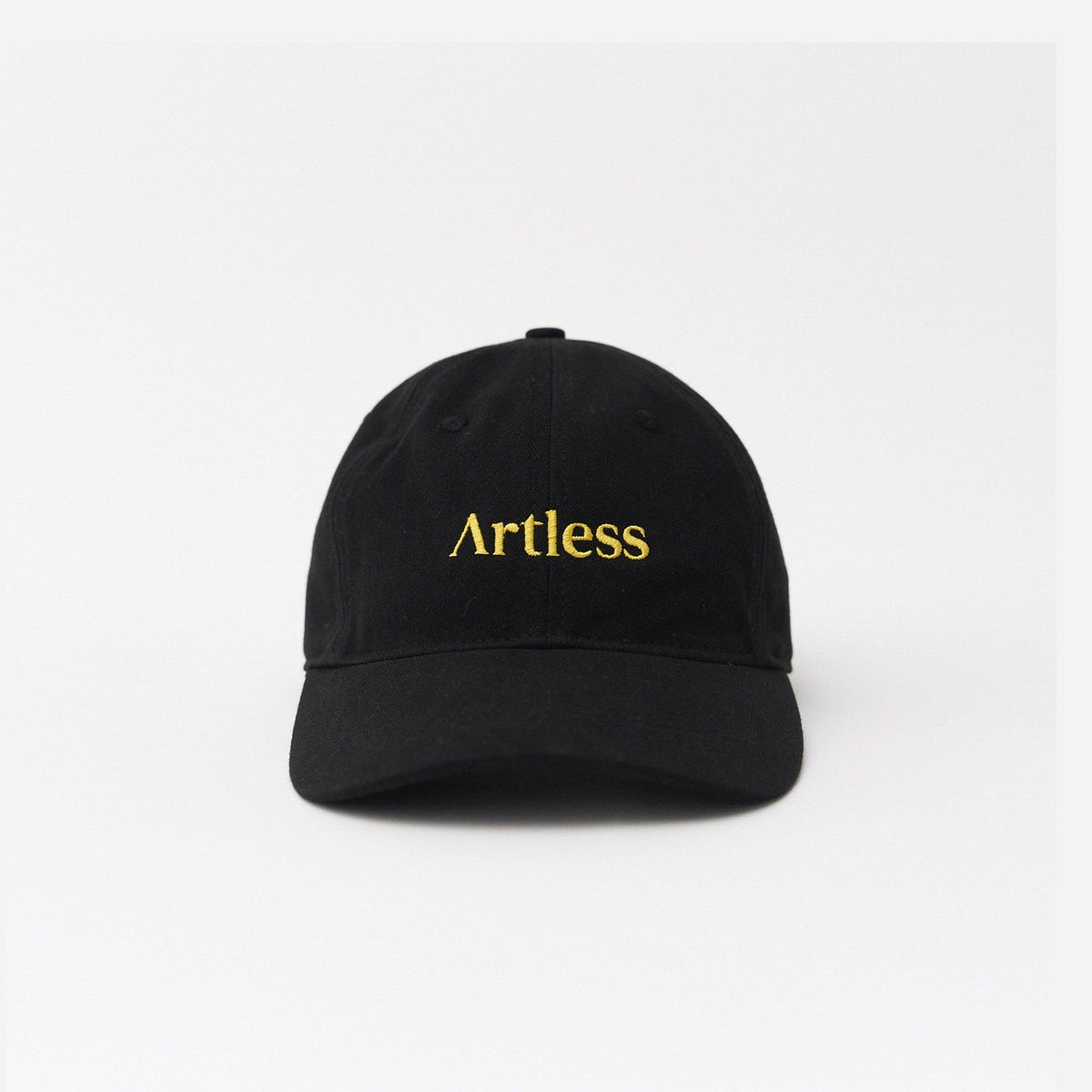 Black Artless logo organic dad cap, front view