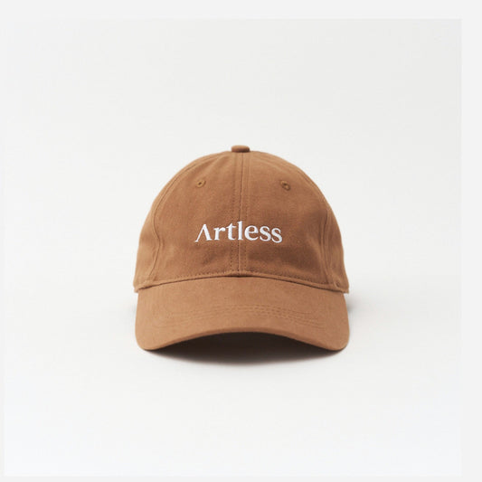 Brown Artless logo organic dad cap, front view