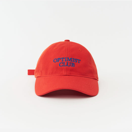 Red Artless Optimist Club organic dad cap, front view