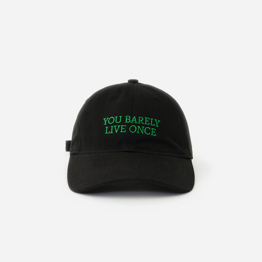 Black Artless You Barely Live Once organic dad cap, front view