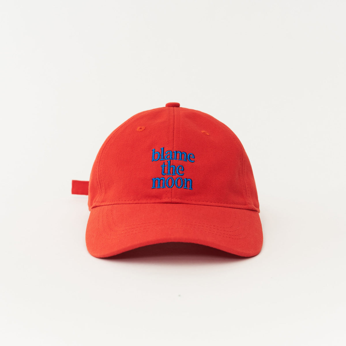 Red Artless blame the moon organic dad cap with blue embroidery, unstructured 6-panel GOTS organic cotton
