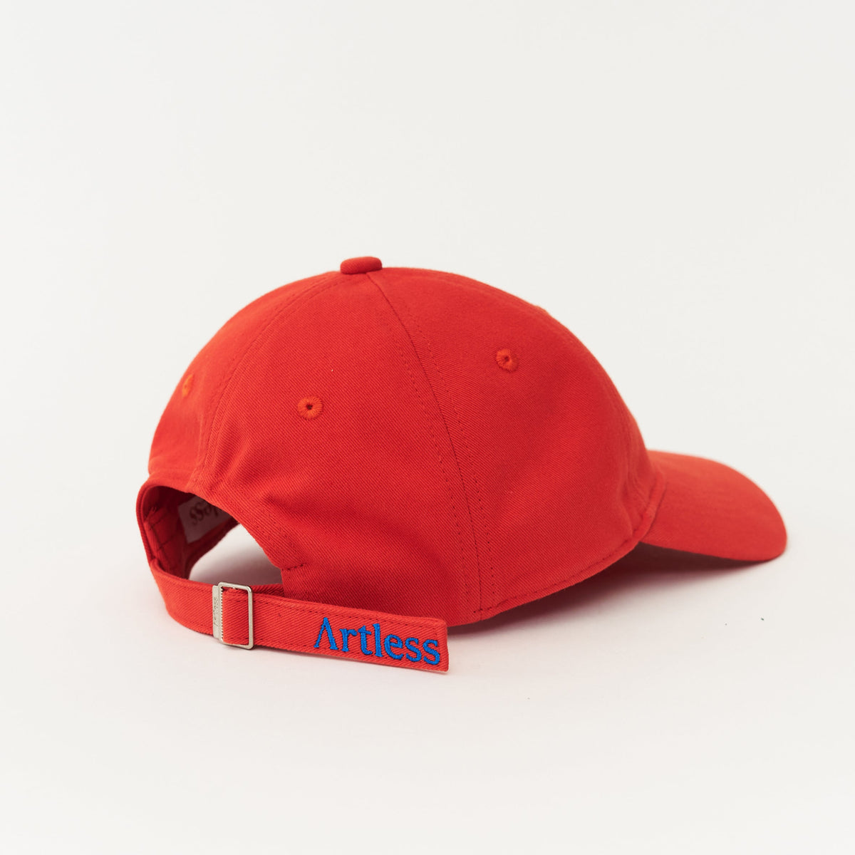 Red Artless blame the moon organic dad cap with blue embroidery, unstructured 6-panel GOTS organic cotton