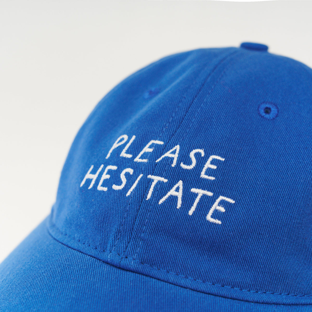 Blue Artless Please Hesitate organic dad cap, front view, unstructured 6-panel GOTS organic cotton