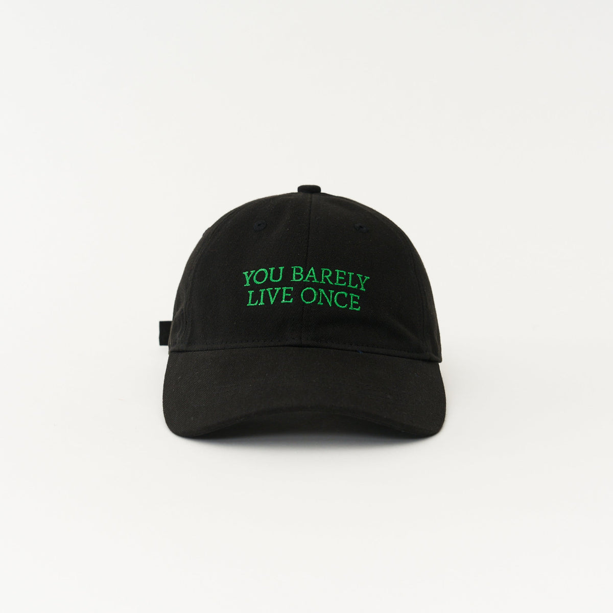 Black Artless You Barely Live Once organic dad cap with green embroidery, unstructured 6-panel GOTS organic cotton