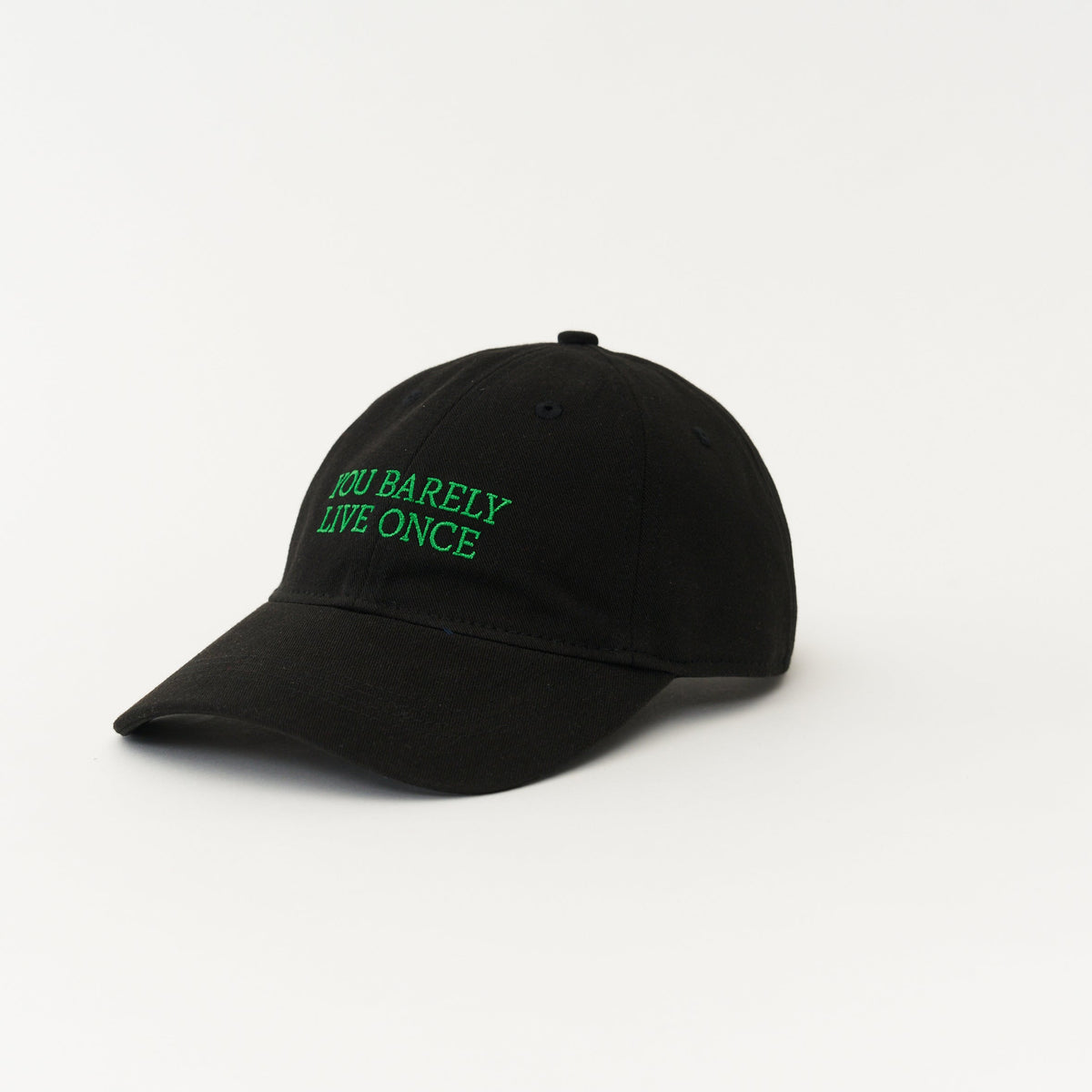 Black Artless You Barely Live Once organic dad cap with green embroidery, unstructured 6-panel GOTS organic cotton