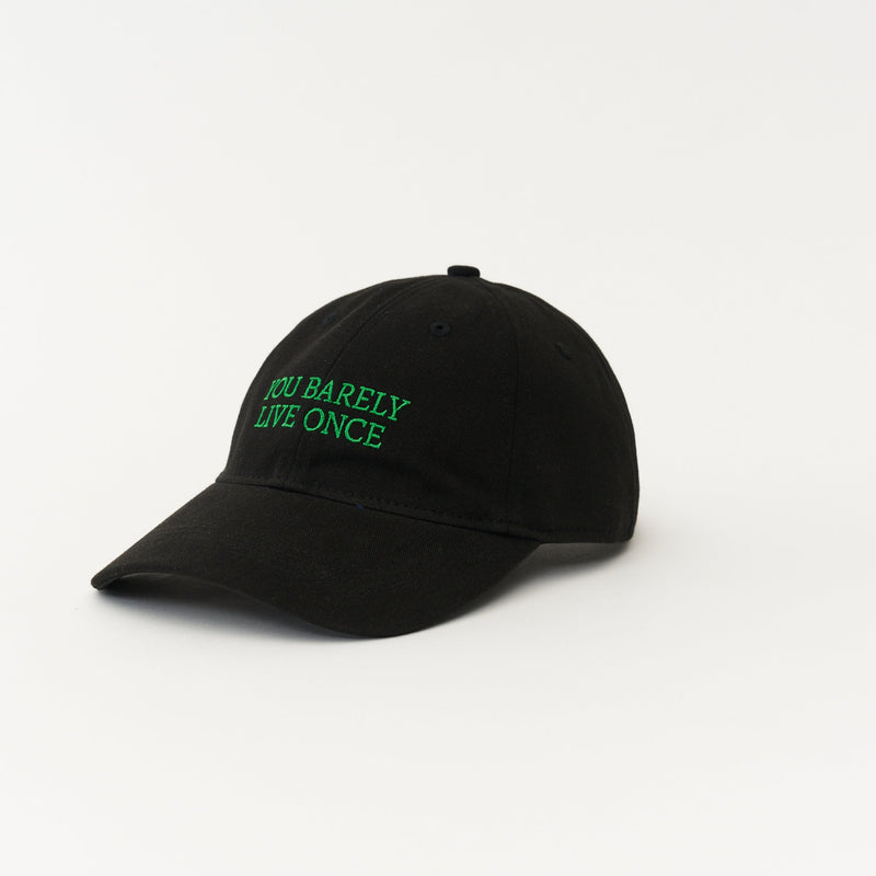 Black Artless You Barely Live Once organic dad cap with green embroidery, unstructured 6-panel GOTS organic cotton