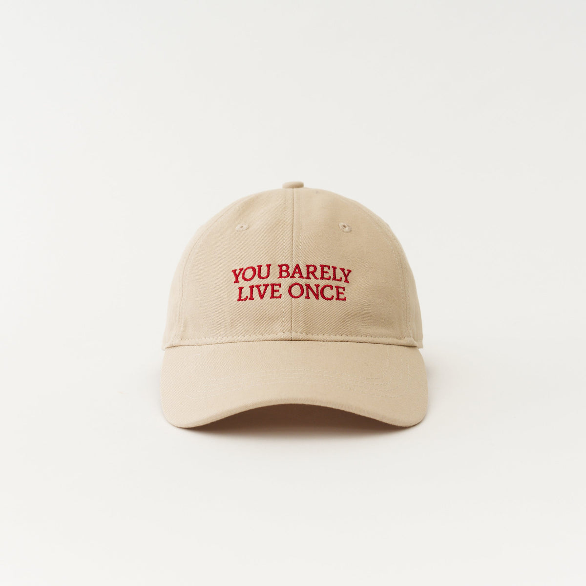 Sand Artless You Barely Live Once organic dad cap with red embroidery, unstructured 6-panel GOTS organic cotton