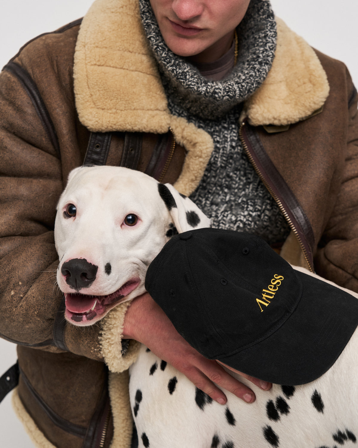 Person in a shearling jacket holding a Dalmatian dog with the black Artless organic cotton logo dad cap resting against it