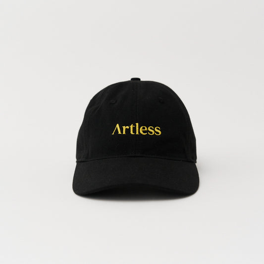 Black unstructured 6-panel dad cap made from GOTS certified organic cotton by Artless front view