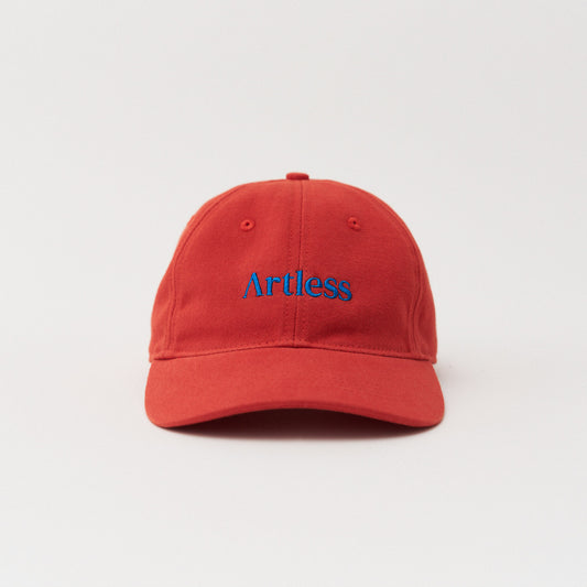 Red unstructured 6-panel dad cap made from GOTS certified organic cotton by Artless front view