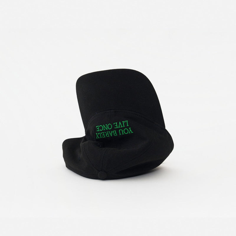 Black Artless You Barely Live Once organic dad cap, laying on its side